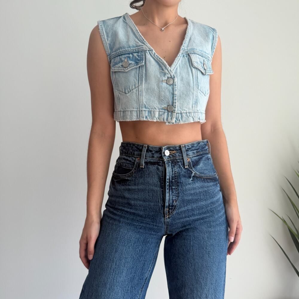 Rita Ora x Primark Denim Vest Womens 2 Cropped Sleeveless Top Festival boho Y2K‎